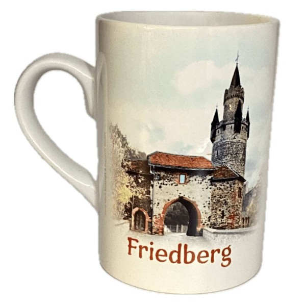 Teetasse in weiß mit gemaltem Nordtor der Friedberger Burg in Aquarell bei KönigPlus