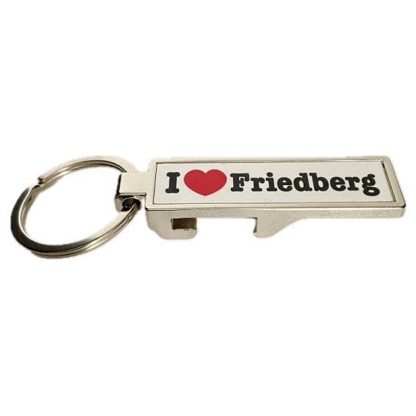 Schlüsselanhänger mit Flaschenöffner in Metall auf weißem Hintergrund, I love mit rotem Herz dargestellt Friedberg bei KönigPlus